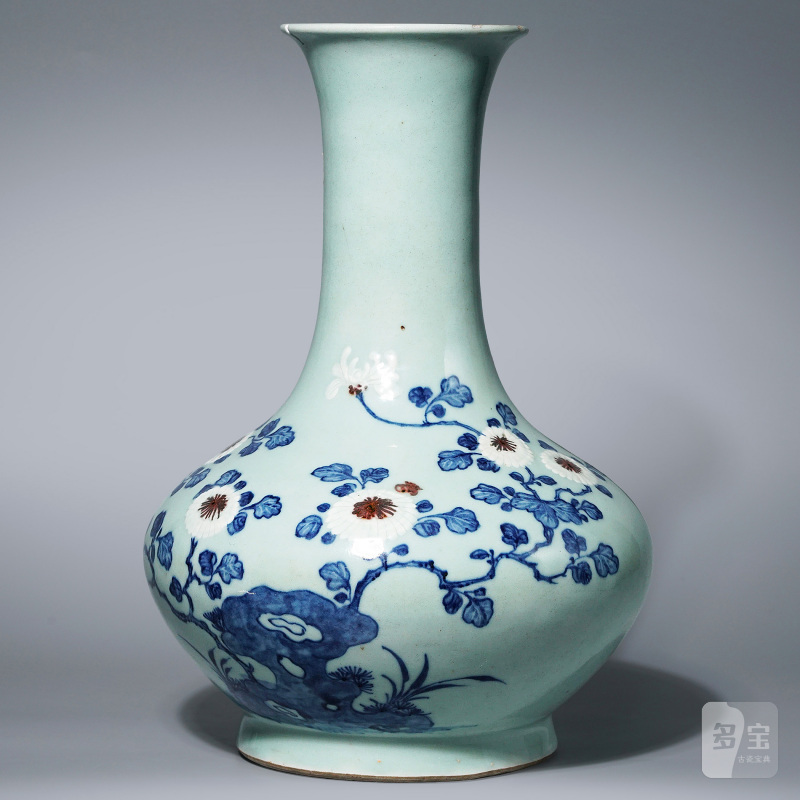 清乾隆 青釉青花釉里红重阳菊艳图撇口瓶